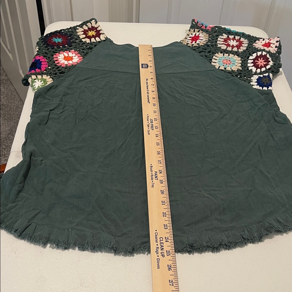 Hippy 70s Retro Crochet Linen Blend Top Granny Square Crochet Sleeves Size Small - Picture 7 of 14